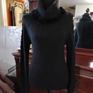 Black Long Sleeve Sweater with Fur Lined Cowl Neck